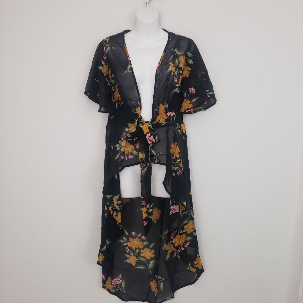 Live 4 Truth Floral Kimono Top Black Small Sheer Boho Cover Up Dark Fairy